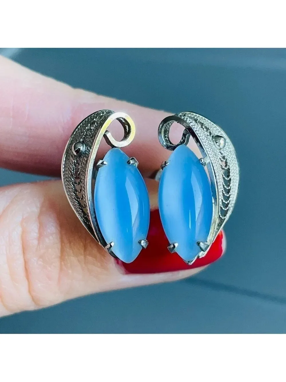 Vintage Blue Cat’s Eye Moonstone Filigree Screw On Clip Sterling Silver …